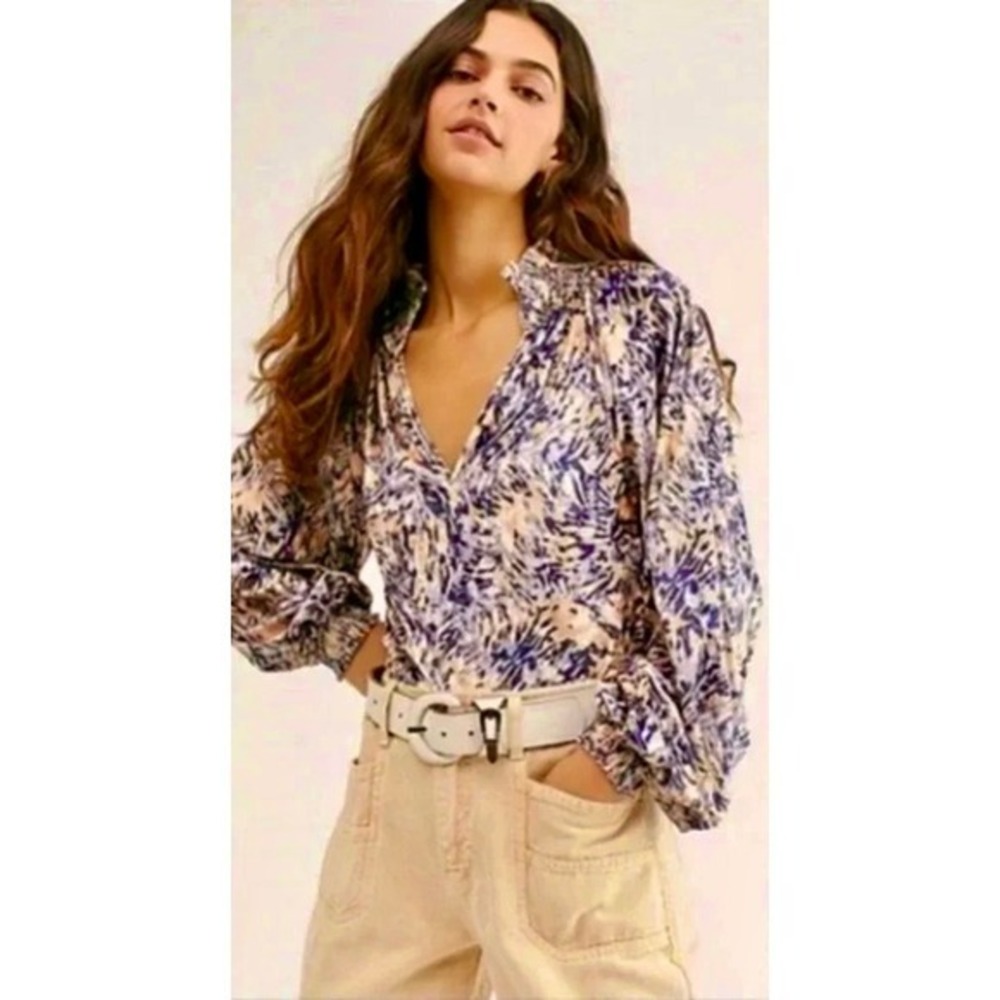FREE PEOPLE Smocked Crushed Velvet Top Blouse Go Get 'Em Tiger Animal Small‎